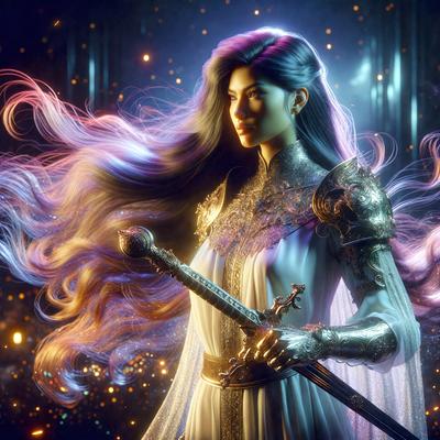 The primary subject of the image is a woman dressed in a white gown, holding a sword. She is standing in front of a backdrop of a dark, possibly futuristic setting. The visual style of the image is digital art, with the woman's hair and the sword being the main focus of the composition. The colors in the image are predominantly dark, with the woman's white gown and the sword being the only bright elements in the scene. The overall atmosphere of the image is dramatic and intense.